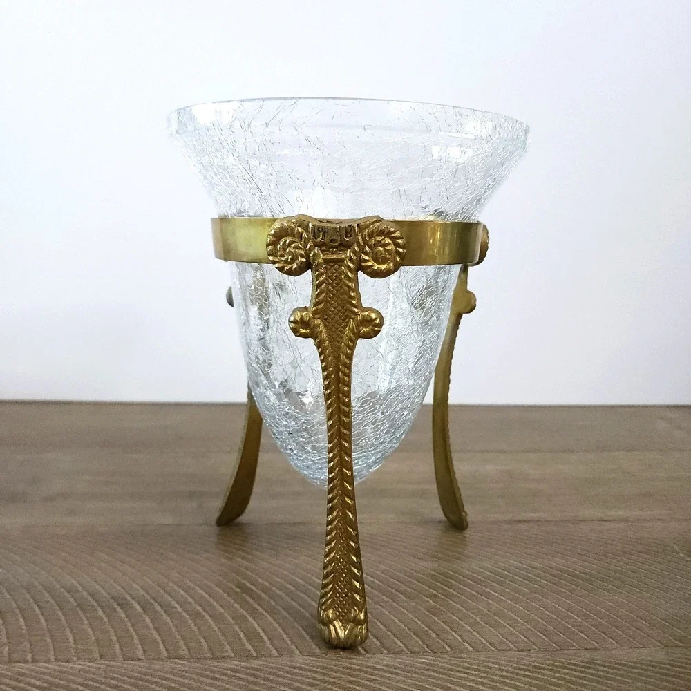 Vintage Crackled Glass Bowl with Decorative Brass‎ Stand
